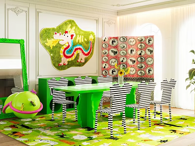 Colorful Playful Themed Dining Restaurant With Cute Cartoon Wall Art Green Table And Striped Chairs 3d model