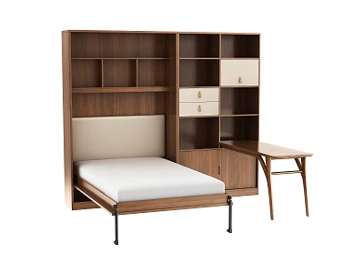 Walnut Wooden Multifunctional Furniture With Bed Bookshelf Drawers And Desk 3d model