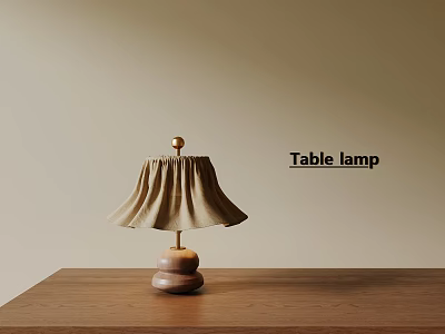 Wooden Base Table Lamp with Beige Fabric Shade on Wooden Table and Warm Light 3d model