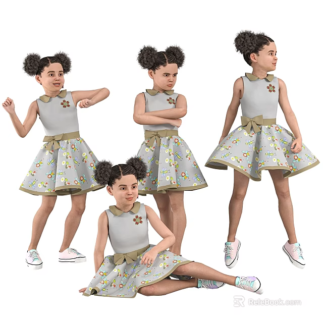 Little Girl In Gray Floral Dress With Bow And Sneakers In Various Poses 3d model 