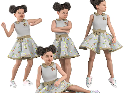 Little Girl In Gray Floral Dress With Bow And Sneakers In Various Poses 3d model