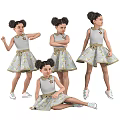Little Girl In Gray Floral Dress With Bow And Sneakers In Various Poses