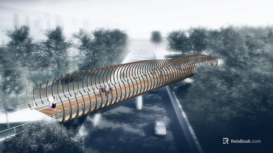Modern Landscape Bridge With Curved Wooden Structure Pedestrians And Urban Trees 3d model 