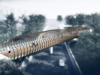 Modern Landscape Bridge With Curved Wooden Structure Pedestrians And Urban Trees 3d model