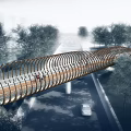 Modern Landscape Bridge With Curved Wooden Structure Pedestrians And Urban Trees