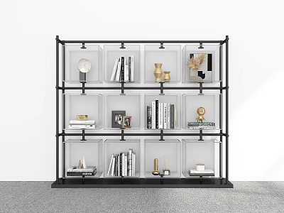 Modern Black Frame Open Shelving Unit With Books Decorative Items And Photo Frames 3d model