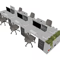 Modern Office Desks with Multiple Workstations Computer Monitors Office Chairs and Green Plants 3d model