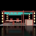 Vintage Chinese Style Stall With Red Lanterns And Wooden Tables Chairs