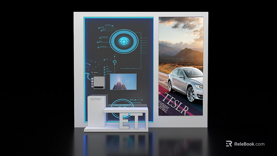 Interactive Tech Interface Display With Exhibition Island Showing Tesla Car Scenery Image And ET Logo 3d model