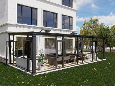 Modern Patio Garden With Glass Enclosed Pergola White Building Large Windows Lawn And Outdoor Furniture 3d model