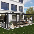 Modern Patio Garden With Glass Enclosed Pergola White Building Large Windows Lawn And Outdoor Furniture