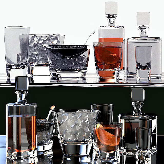 Stylish Bar Setup With Glassware Liquor Bottles Ice Cubes And Shelf 3d model 