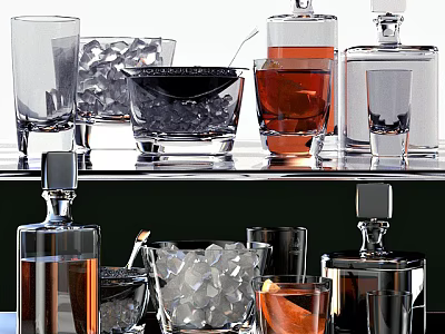 Stylish Bar Setup With Glassware Liquor Bottles Ice Cubes And Shelf 3d model