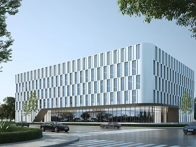 Modern Office Building Exterior Design With Glass Curtain Wall And Surrounding Trees 3d model
