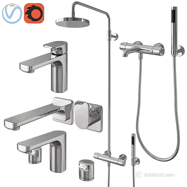 Modern Stainless Steel Bathroom And Kitchen Faucets With Shower Systems Design 3d model 