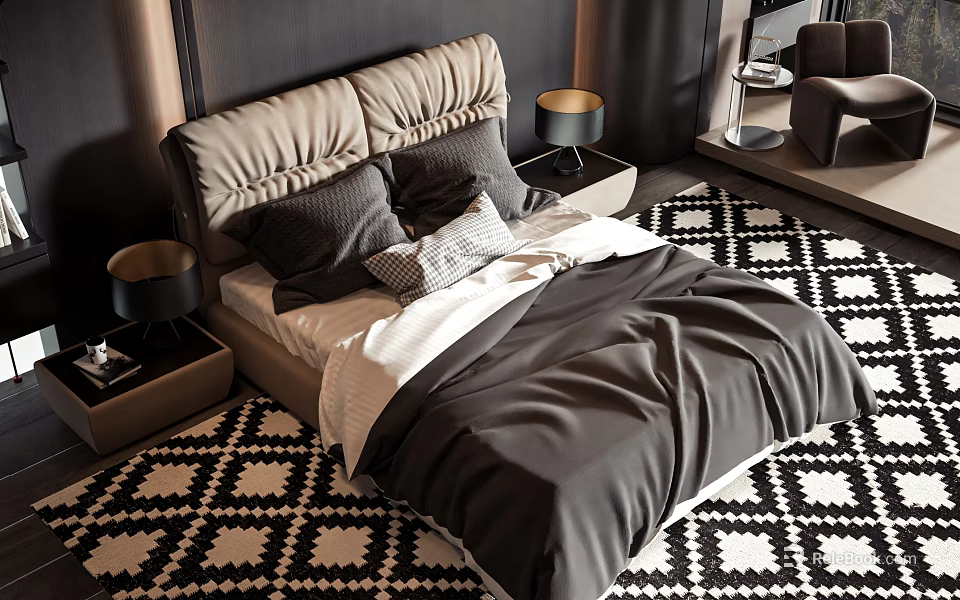 Plush Double Bed With Upholstered Headboard Dark Bedding Nightstands And Geometric Area Rug 3d model 