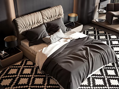 Plush Double Bed With Upholstered Headboard Dark Bedding Nightstands And Geometric Area Rug 3d model