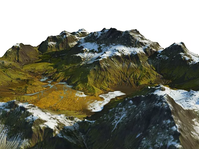 Breathtaking Mountain Landscape With Snow Capped Peaks Green Slopes And Golden Valley 3d model