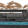 Modern Stone Feature Wall Surrounded By Trees And Waterfall In Landscape Design 3d model