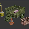 Wooden Cart With Yellow Bucket Orange Traffic Cone And Wooden Crate