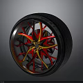 Stylish Car Wheel Rim With Red And Yellow Spokes And Black Tire