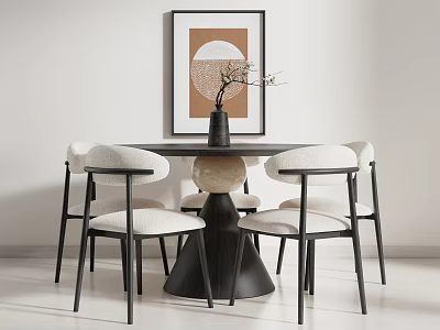 Modern Minimalist Dining Table Set With Round Tabletop Upholstered Chairs Vase And Wall Art 3d model