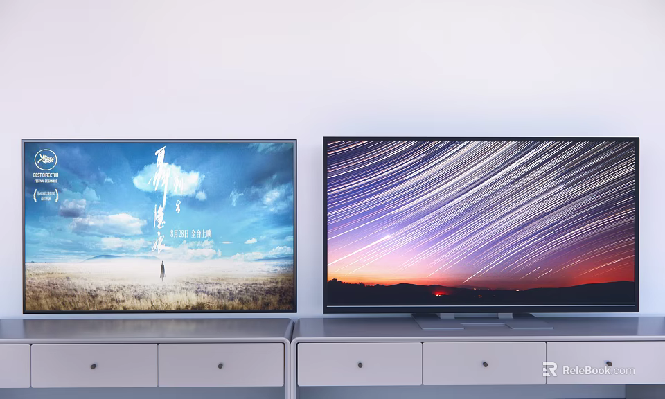 Two Televisions on White TV Stands with Scenic Displays of Sky Grass and Star Trails 3d model 