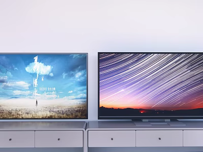 Two Televisions on White TV Stands with Scenic Displays of Sky Grass and Star Trails 3d model