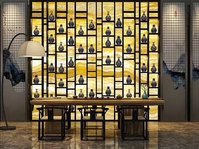 Traditional Chinese Tea Table And Chairs With Decorative Tea Ware Lattice Screen And Floor Lamp 3d model