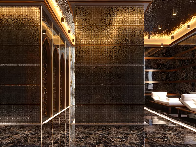 Luxury Modern SPA Sauna Interior With Marble Walls Golden Decor And Relaxation Seats 3d model