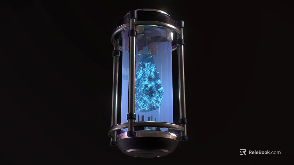 Futuristic Transparent Container Featuring Blue Glowing Structure And Metal Frame Design 3d model