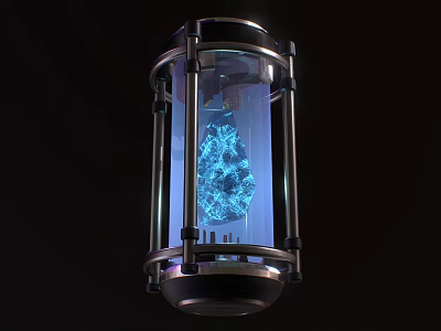 Futuristic Transparent Container Featuring Blue Glowing Structure And Metal Frame Design 3d model