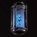 Futuristic Transparent Container Featuring Blue Glowing Structure And Metal Frame Design 3d model