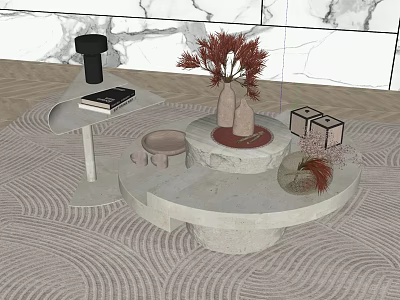 Modern Coffee Table With Marble Surface Decorative Plants Books And Cup 3d model