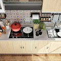Essential Kitchenware Collection With Red Pot Frying Pan And Spice Bottles On Tile Backsplash