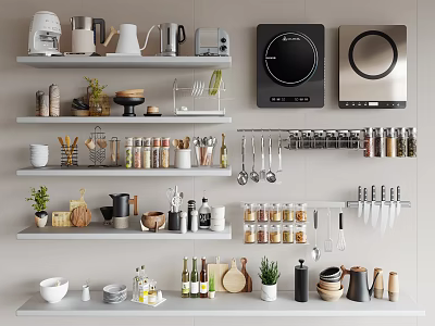 Organized Kitchen Shelves Showcasing Various Cooking Utensils Pots Pans Spices Cutlery And Small Plants 3d model