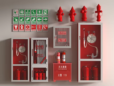 Fire Equipment Display with Fire Hydrants Extinguishers Hoses Pressure Gauges and Safety Signs in Cabinets 3d model