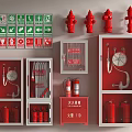 Fire Equipment Display with Fire Hydrants Extinguishers Hoses Pressure Gauges and Safety Signs in Cabinets