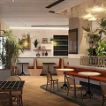 Modern Restaurant Interior With Green Plants Wooden Tables And Warm Lighting