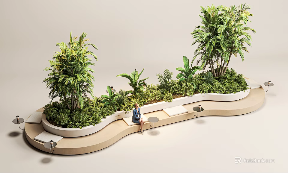 Modern Outdoor Landscape Seating With Curved Design And Lush Green Plants 3d model 
