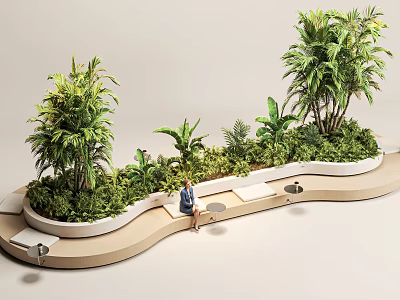 Modern Outdoor Landscape Seating With Curved Design And Lush Green Plants 3d model