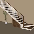 Modern Staircase With Wooden Steps White Railings Potted Plant And Slatted Shelf On Beige Wall