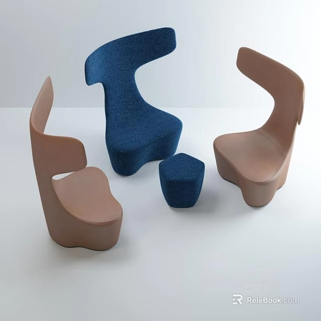 Modern Curved Leisure Sofa Set Featuring Blue Brown Seats And Accent Stool 3d model