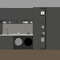 Modern Laundry Room With Dark Cabinets Two Washing Machines Sink Open Shelves And Wooden Flooring