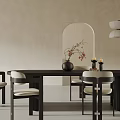 Minimalist Oval Dark Wood Dining Table Set With Upholstered Chairs Pendant Light And Decorative Vase