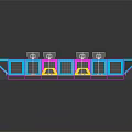 Colorful Basketball Court Interior Layout With Multicolored Sections And Spectator Seats