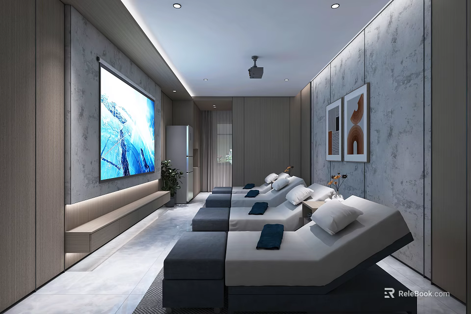 Luxury SPA Sauna Relaxation Room With Modern Interior Comfortable Loungers And Flat Screen TV 3d model 