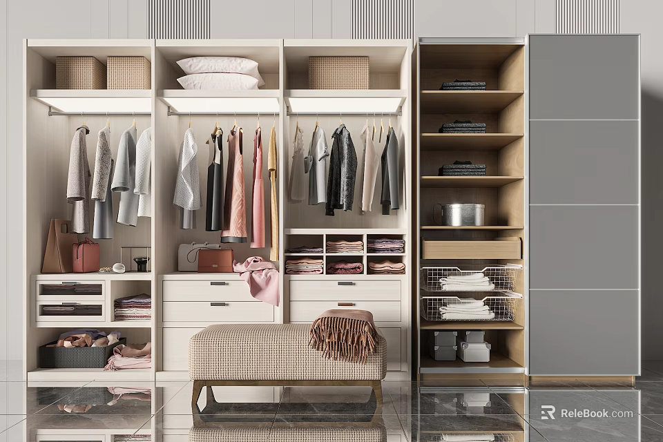 Modern Wardrobe Interior With Hanging Clothes Folded Items Drawers And Storage Shelves 3d model 