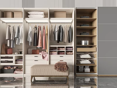 Modern Wardrobe Interior With Hanging Clothes Folded Items Drawers And Storage Shelves 3d model