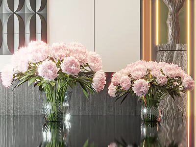 Pink Peonies in Glass Vases on Black Table with Gray Wall Decor and Golden Lighting 3d model